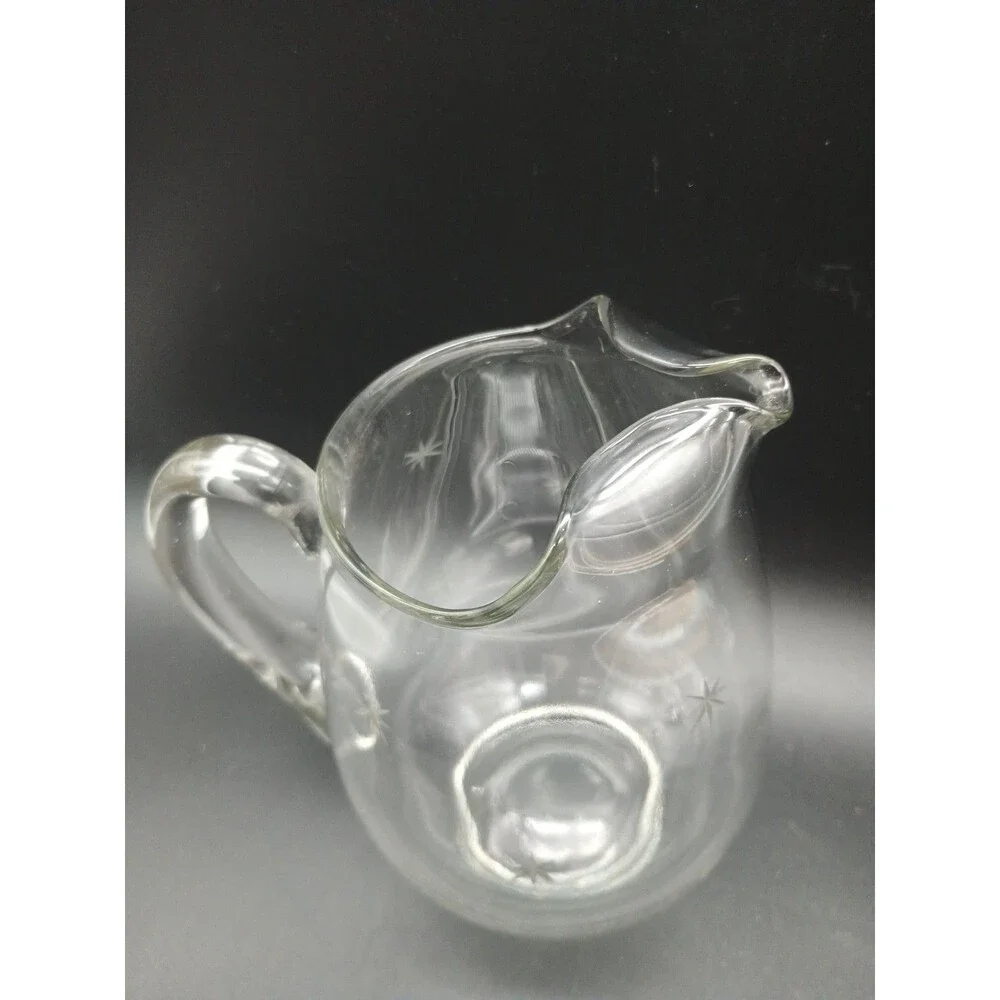 Vtg Atomic Star Burst Etched Glass Pitcher Ice Lip Mcm Star Dust